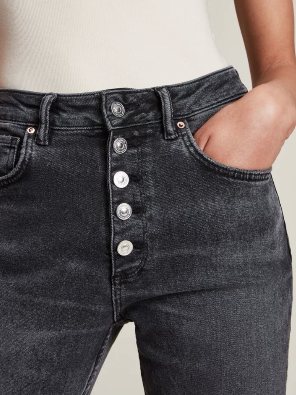 AllSaints Women's 28 Jules High Rise Stretch Jeans Charcoal Button Fly Raw Hem